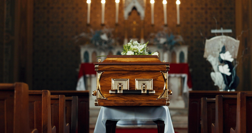 Coffin in a church for a memorial service.