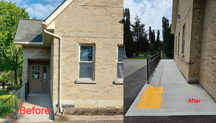 Woodlawn Memorial office before and after accessibility ramp.